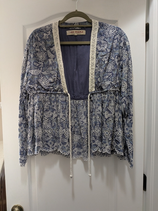Free People Other - Free People Navy Blue Floral Lace-Trim Boho Kimono